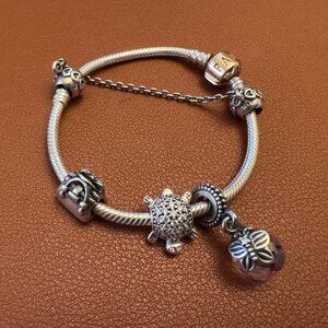 Pandora Bracelet Charm Set 6.5" with Rose Gold Sea Turtle Zirconia Purse Jem